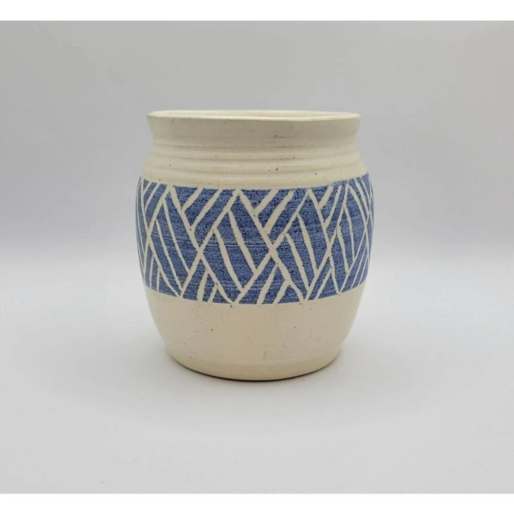 Studio Pottery Blue & White Geometric Pattern Signed 4